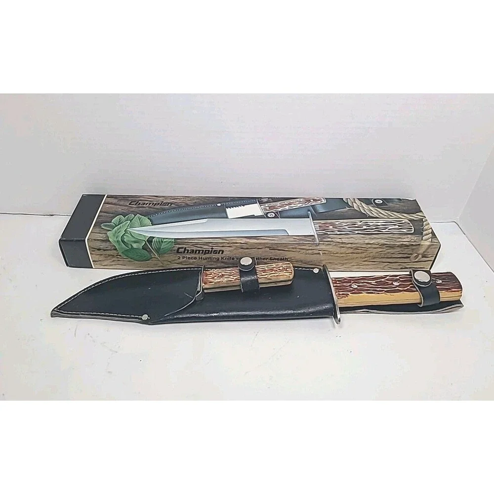 Vintage Champion 2 Piece Hunting Knife W/ Leather Sheath Made In Pakistan
